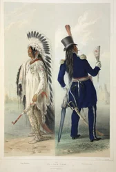 Wi-Jun-Jon, chefe da Assinneboin, da Catlins North American Indian Portfolio. Cenas de caça e diversões das Montanhas Rochosas e Prairies of America, pub. 1845